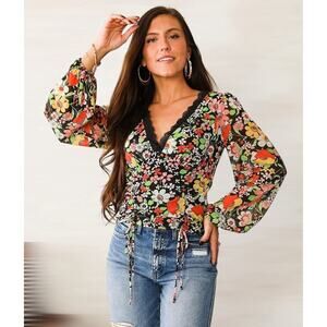 The Buckle Willow and Root Floral Mesh Long Sleeve Tie Top Size Small 60s Mod